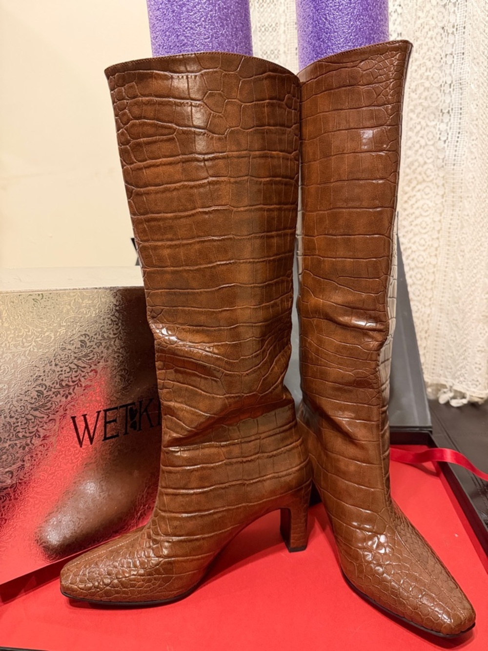 WETKISS Croc-Embossed Heeled Knee Pull On Boots in Brown